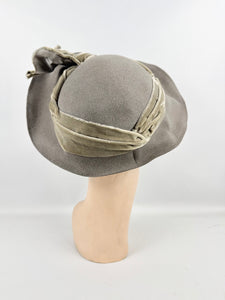 Original 1930's Grey Felt French Hat with Velvet Ribbon Trim by 'Suzanne Le Meunier'