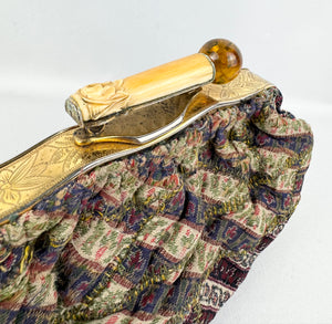 Antique Late Victorian Stripe Brocade French Clutch Bag with Bone and Amber Clasp