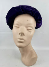 Load image into Gallery viewer, Original 1950's Cotton Velvet hat in Rich Purple with Tassel Trim
