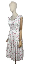 Load image into Gallery viewer, Original 1950&#39;s White, Pink and Green Textured Cotton Belted Day Dress with Roses Print and Frill Collar - Bust 34
