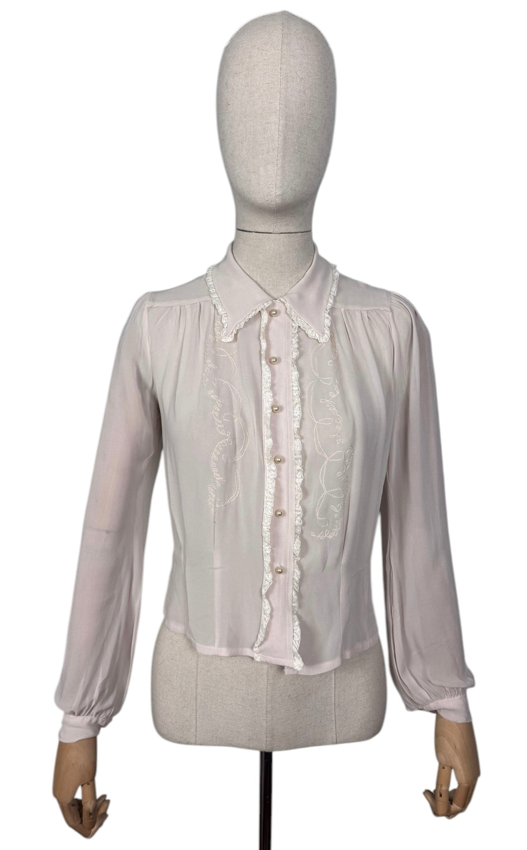 Original 1940's Semi Sheer Chiffon Crepe Long Sleeved Embroidered Blouse with Faux Pearl Buttons - Bust 36