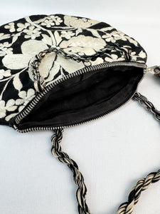 Original 1920's Black Cotton and Ivory Silk Embroidered Circular Bag *