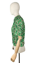 Load image into Gallery viewer, 1940&#39;s Reproduction Christmas Blouse In Green, White and Red Michael Miller Cotton &#39;Corny Cane&#39; - Bust 34&quot; 36&quot;
