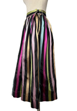 Load image into Gallery viewer, Original 1950&#39;s Black Taffeta Skirt with Stripes in Yellow, Blue, Pink and Green - Waist 24 25
