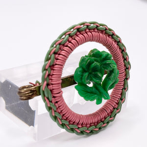 Original 1940's Pink and Green Wartime Make Do and Mend Wirework Brooch with Pretty Flower Middle *