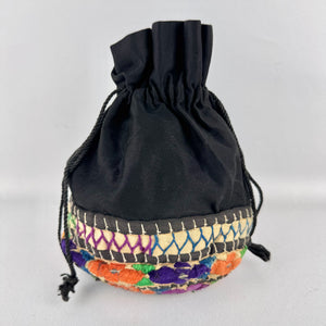 Antique Early 20th Century Black Embroidered Drawstring Bag - 1910 1920