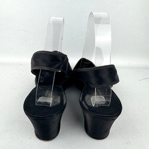 Wounded but Wearable Original 1940's Black Satin Evening Wedge Shoes with Gold Floral Applique Trim - Size 5 5.5