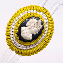 Load image into Gallery viewer, Original 1940&#39;s Yellow, Black and White Wartime Make Do and Mend Wirework Brooch with Cameo Middle *
