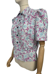 1940's Reproduction Blouse in Mauve, Blue and White Floral Made from a Feed Sack - Bust 35 37