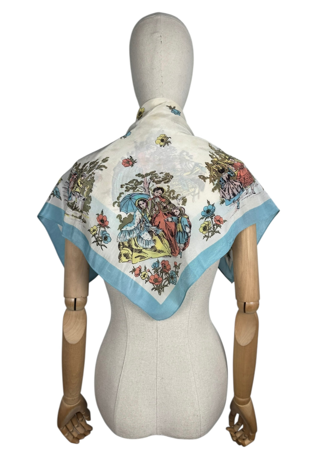 Original 1940's or 1950's Silk Crepe Scarf with Beautifully Intricate Victorian Scenes - Great Headscarf