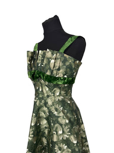 Original Kitty Copeland Green 1950's Nylon and Velvet Floral Cocktail Dress - Bust 30 32