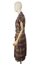 Load image into Gallery viewer, Original 1950&#39;s Brown, Blue and Green Belted Cotton Day Dress - Bust 36

