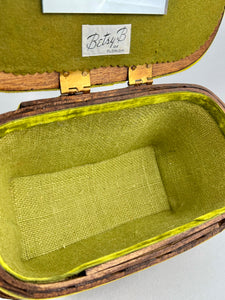Beautiful Vintage Betsy B Wooden Basket Box Bag with Green Velvet Trim and Pink Flower Applique