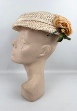 Load image into Gallery viewer, Original 1950&#39;s Cream Lacquered Raffia Hat with Pretty Apricot Rose Trim
