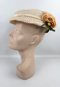 Original 1950's Cream Lacquered Raffia Hat with Pretty Apricot Rose Trim
