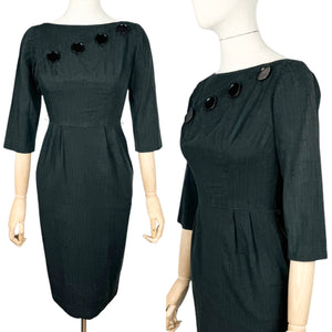 Original 1950's Black Slub Cotton Wiggle Dress by Pat Hartly - Bust 30 32