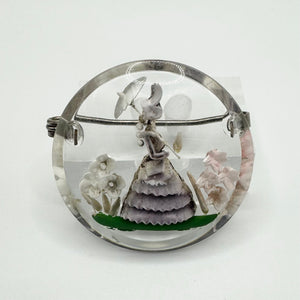 Original 1940's Circular Reverse Carved Lucite Brooch with Crinoline Lady and Flowers