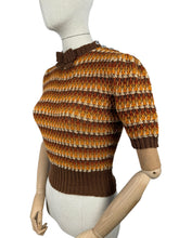 Load image into Gallery viewer, Reproduction 1940&#39;s Waffle Stripe Jumper with Bow Neck in Autumnal Shades of Brown and Rust with Cream Accent - Knitted from a Wartime Pattern - Bust 34 36
