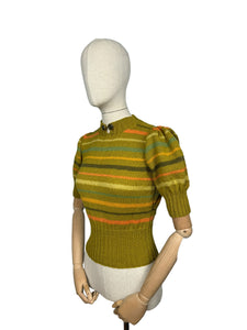 Reproduction 1930's Hand Knitted Pure Wool Stripe Jumper with Puff Sleeves and Double Button Fastening - Bust 34 36