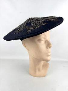 Original 1940's Midnight Blue Fine Straw Beret With Soutache and Glass Beading