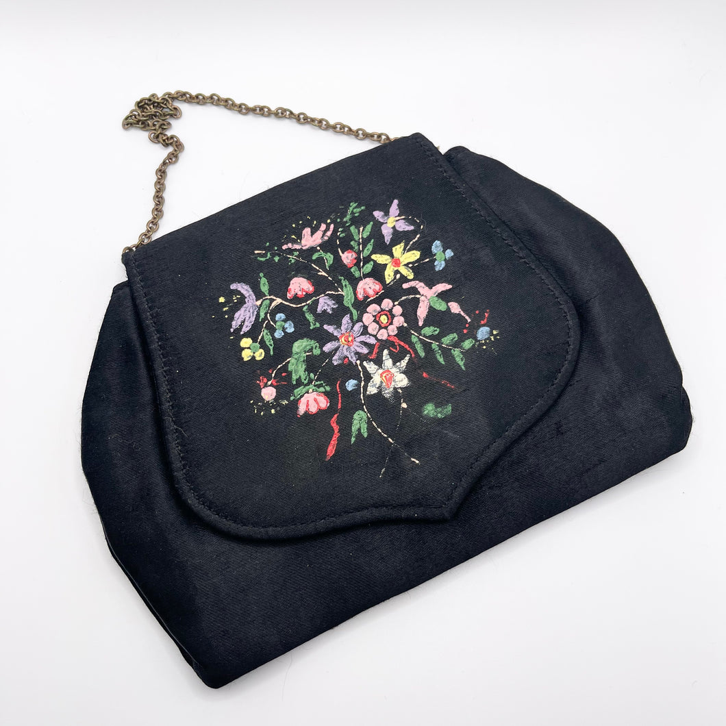 Original 1950's Black Silk Evening Bag with Painted Floral Decoration *