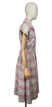 Load image into Gallery viewer, Original Late 1940&#39;s Ritchwear Floral Cotton Stripe Day Dress in White, Black, Pink, Yellow and Blue - Bust 37
