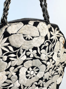 Original 1920's Black Cotton and Ivory Silk Embroidered Circular Bag *