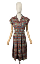 Load image into Gallery viewer, Original 1950&#39;s Brown, Blue and Green Belted Cotton Day Dress - Bust 36
