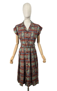 Original 1950's Brown, Blue and Green Belted Cotton Day Dress - Bust 36