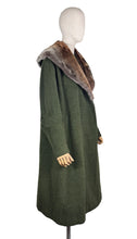 Load image into Gallery viewer, Original 1950's Volup Rensor Green Herringbone Wool Coat with Huge Faux Fur Collar - Bust 42 44
