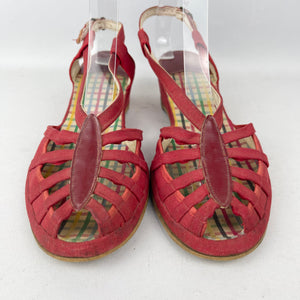 Original 1950's Red Canvas Gayday Sandals with Pastel Tartan Lining - UK 5