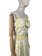 Load image into Gallery viewer, Original 1950&#39;s Yellow, Green and Brown Novelty Print Sleeveless Belted Day Dress with Roses, Birds and Birdcage Print - Bust 38
