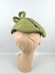 Original 1950's Green and Gold Stripe Textured Fabric Hat with Loop Trim