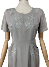 Load image into Gallery viewer, Original 1950's Dove Grey Grosgrain Wiggle Dress with Grape Vine Decoration in Silk and Trapunto Quilting - Bust 38 *
