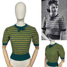 Load image into Gallery viewer, Reproduction 1940&#39;s Waffle Stripe Jumper in Teal, Mustard and Graphite Grey Knitted from a Wartime Pattern - Bust 36 38 40
