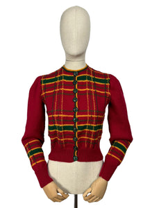 Late 1930's Reproduction Hand Knitted Long Sleeved Ski Jacket in Cranberry Red, Mustard Yellow, Bottle Green and Chocolate Brown Pure Wool  - Bust 36 37