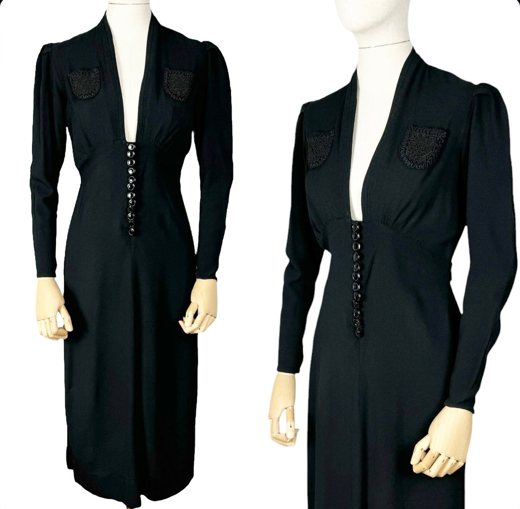 Original 1930's Long Sleeved Black Crepe Day Dress with Soutache Detail and Back Belt - Bust 34 *