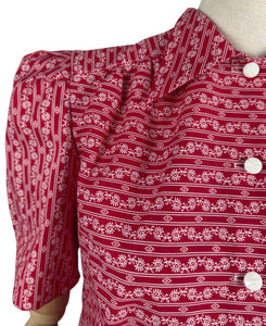 1940's Reproduction Blouse in Red and White Hearts, Flowers and Stripe Novelty Print - Bust Pink, Blue, Yellow and White Feed Sack - Bust 35 36 37