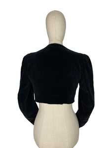 Original 1940’s Harrods Black Velvet Bolero - Cropped Jacket - Crepe Lined - Bust 32 34 *