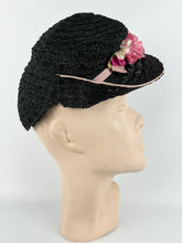 Load image into Gallery viewer, Original Late 1930&#39;s or Early 1940&#39;s Pink and Black Straw Topper Hat with Floral Trim
