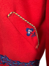 Load image into Gallery viewer, Original 1950&#39;s Red Felt Jacket Embroidered with Leaves in Blue and White - Bust 34 36
