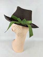 Load image into Gallery viewer, Original Late 1930's Brown and Bronze Straw Hat with Green Grosgrain Trim *

