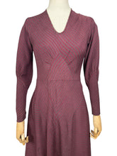 Load image into Gallery viewer, Wounded But Wearable Original 1930&#39;s Brown and Red Chevron Stripe Crepe Dress - Bust 34 36
