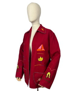 Original 1950's Embroidered Mexican Felt Tourist Jacket in Cherry Red - Bust 36 38 40