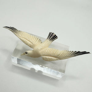 Original 1940's 1950's Carved Bovine Bone Cream and Black Seagull in Flight Brooch