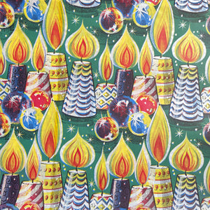 Original Vintage Colourful Christmas Wrapping Paper - Green Base with Flaming Candles and Baubles
