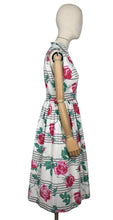 Load image into Gallery viewer, Original 1950&#39;s Crisp White Cotton Day Dress with Stripes and Roses Print - Bust 36
