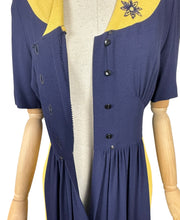 Load image into Gallery viewer, Stunning Original 1940's Navy and Butter Yellow Colour Block Crepe Dress with Floral Embroidery - Bust 34 35 *
