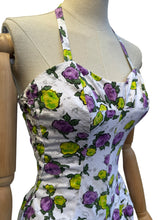 Load image into Gallery viewer, Original 1950’s Textured Cotton Swimsuit with Roses Print in Yellow and Purple - Bust 32 34

