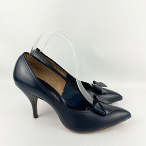 Original 1950's Dolcis De Liso Debs Indigo Blue Leather Stiletto Heels with Bow Trim - UK 6 6.5